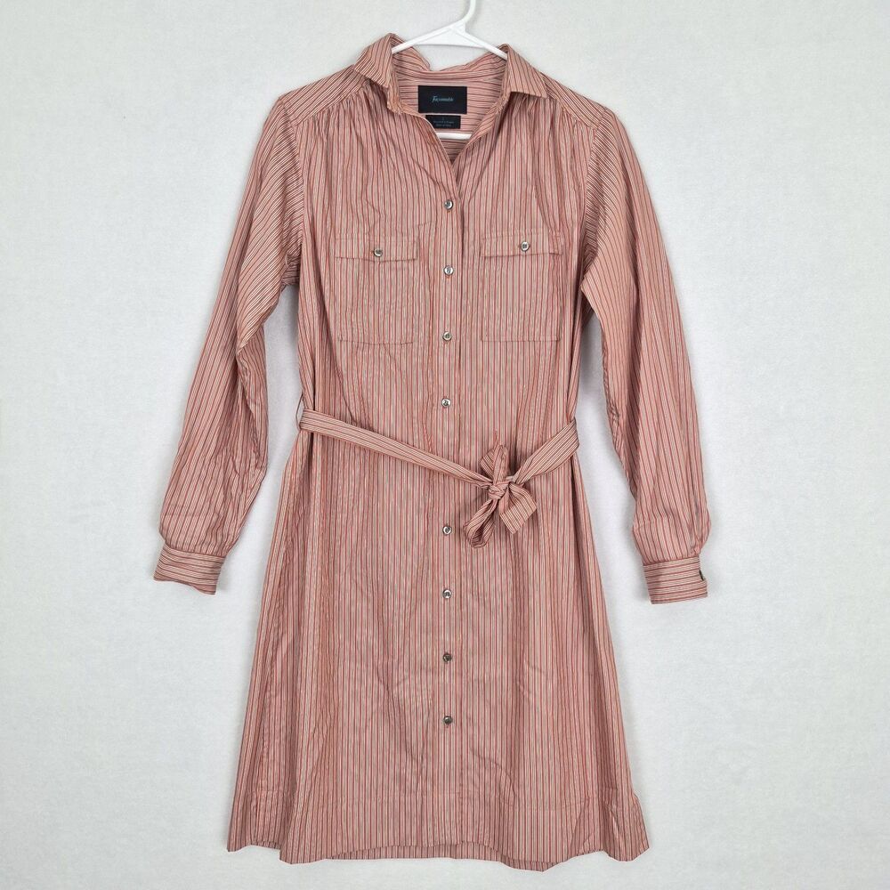 Faconnable Striped Long Sleeve Shirt Dress Size 2 Cotton Silk Knee Length Button